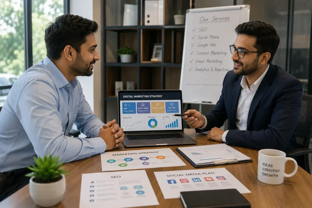 Business owner discussing digital marketing strategy with a consultant