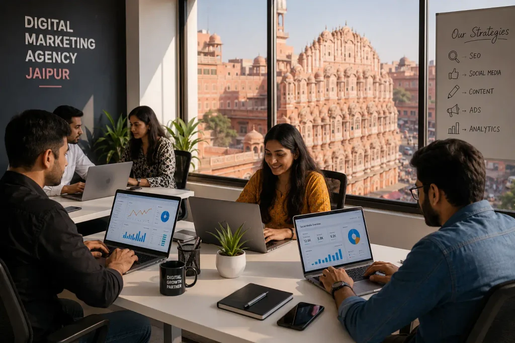Digital marketing agency team in Jaipur working on laptops with analytics dashboards