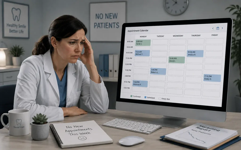Dental appointment schedule with many empty slots showing patient acquisition problem