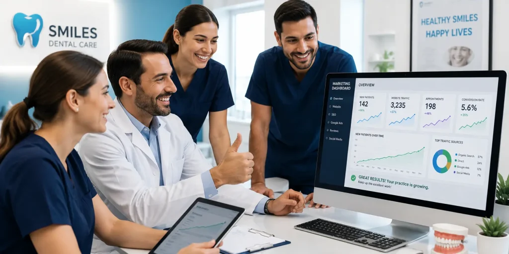 Dental practice team celebrating and reviewing successful digital marketing results showing positive metrics and growth