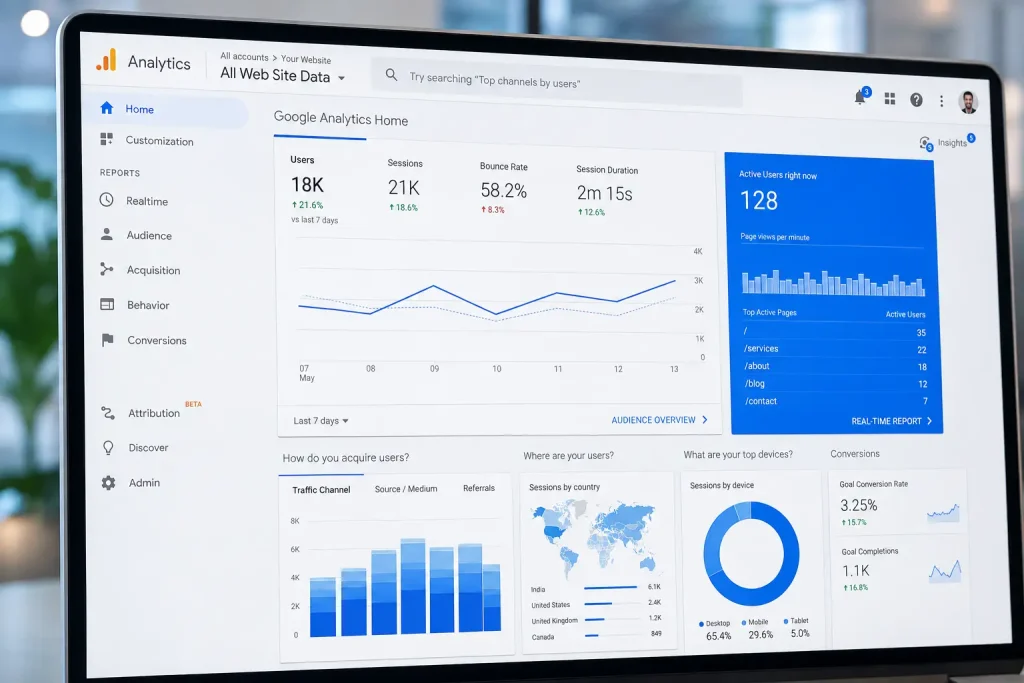 Analytics dashboard showing website traffic, conversion rate, and SEO performance metrics