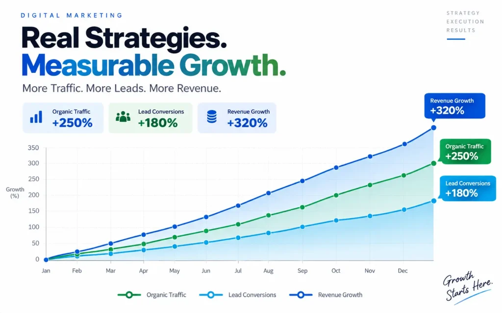 Digital Marketing Results for Startups - Growth Chart Showing Organic Traffic +250%, Lead Conversions +180%, and Revenue Growth +320% Over 12 Months