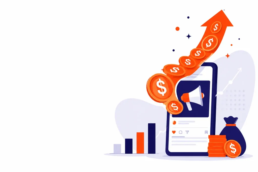 Illustration showing rising ad revenue and coins to explain what ROAS (Return on Ad Spend) means for digital marketers